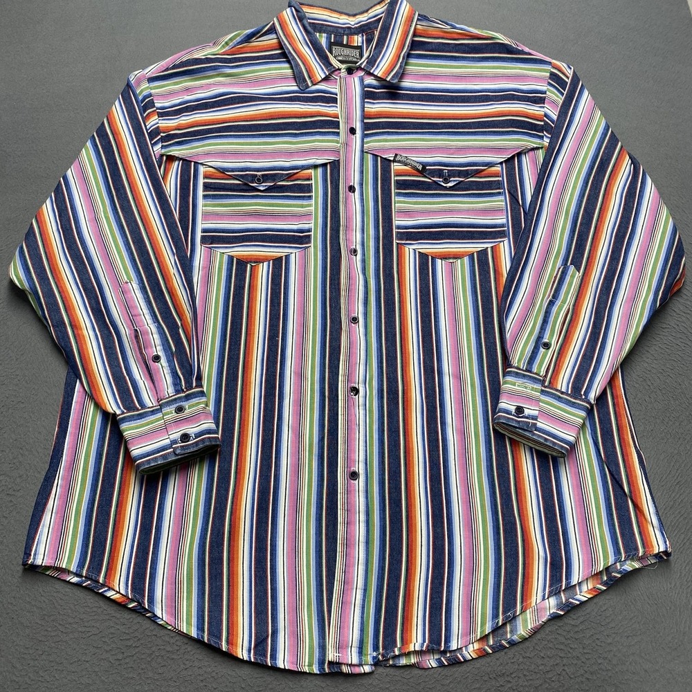VTG Roughrider Shirt‎ Mens XL Multicolor Stripe Western Brushpopper USA 90s